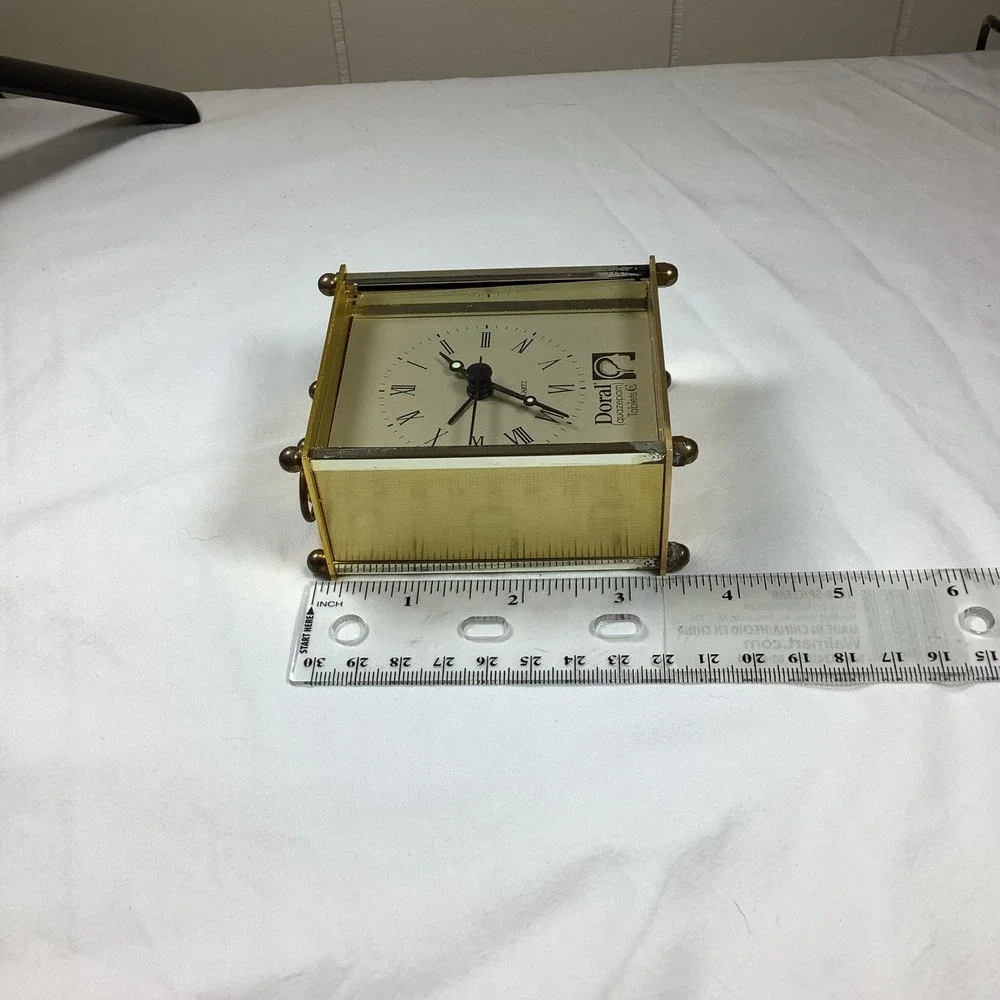 Doral Quartz Brass Carriage Desk Clock Roman Numerals Handle